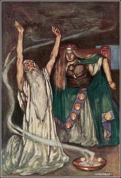 A druid performing a sacred ritual involving fire and smoke for the Celtic Queen Maeve. Art by Stephen Reed, 1904