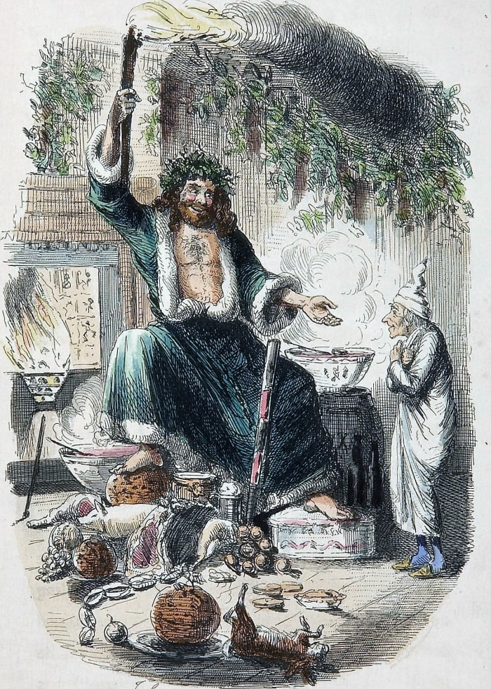 Ghost of Christmas Present, an illustration by John Leech made for Charles Dickens's festive classic A Christmas Carol (1843).
