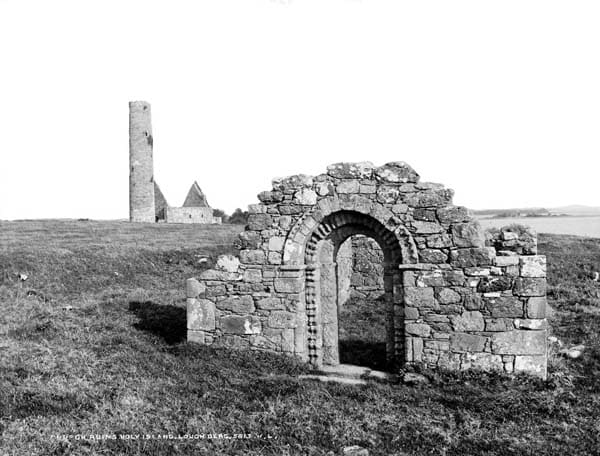 Only the doorway remains of the Holy Island Church Ruins, Lough Derg, Co. Clare. Photo circa 1880-1914