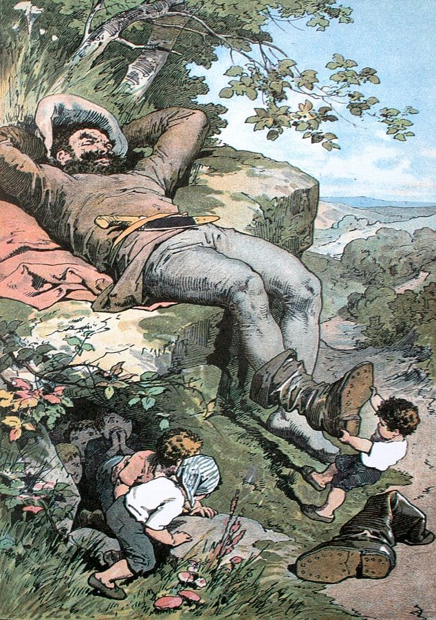 1865 illustration of Tom Thumb and the Giant. Tom is swallowed by a cow, a giant, a fish, and in some extensions, by a miller and a salmon.