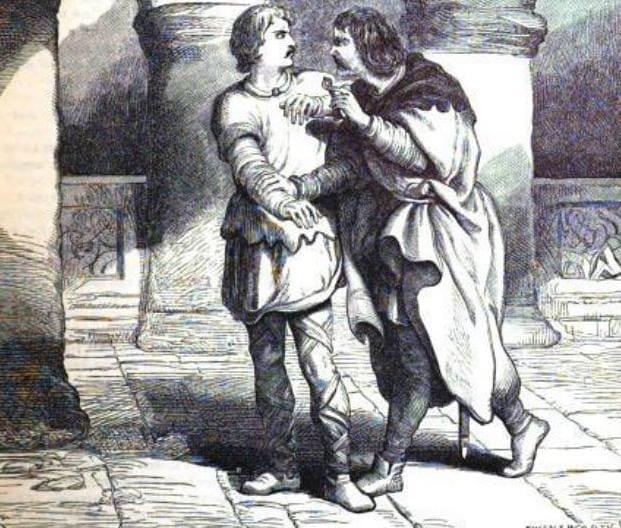 Edmund to Edgar: "Pray ye, go; there's my key. If you do stir abroad, go armed." Source: Cassell's illustrated Shakespeare. illustr. by H.C. Selous 1864