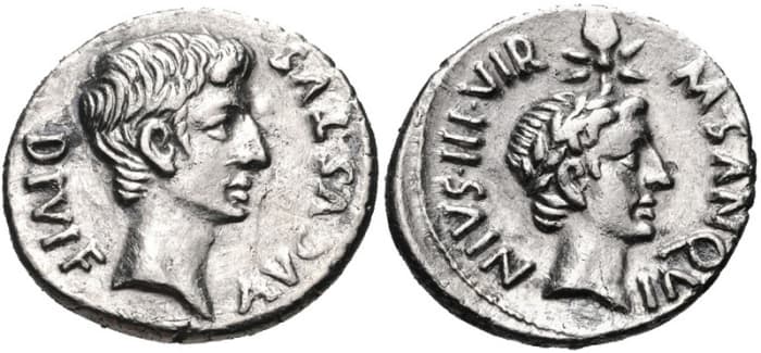 A denarius coin minted at Rome in 17 BC. Caesar Augustus (left) and Julius Caesar (right). Image courtesy of Classical Numismatic Group