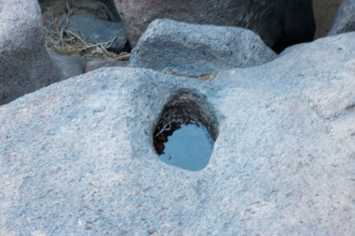 Water savers, worn away holes in the rock that save rain water for wildlife.