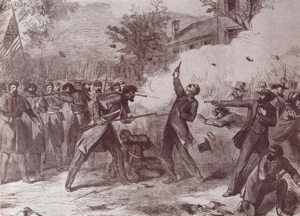 Camp Jackson Massacre of pro-Southern militia by Nathaniel Lyon who was committed to defending the St. Louis Arsenal, May 10th 1861.