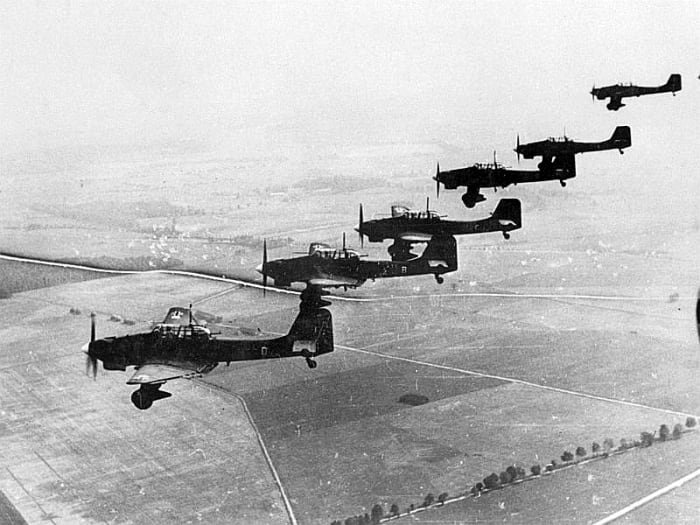 Formation of Junkers JU-87 (Stuka) dive-bombers over Poland. 1939