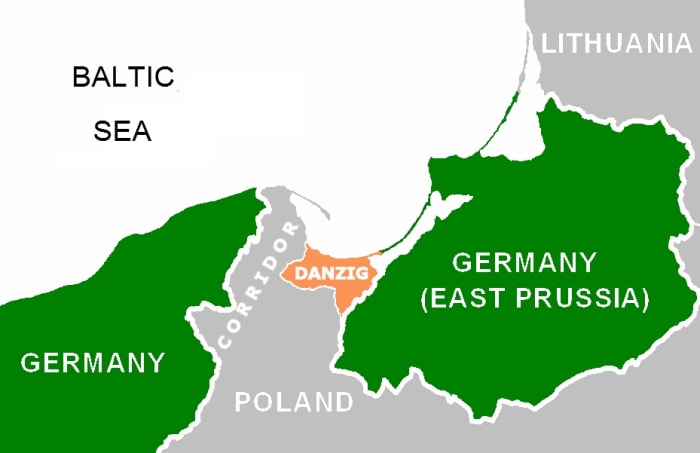 Map showing the Polish Corridor and the Free City of Danzig wedged between German territory prior to World War Two.