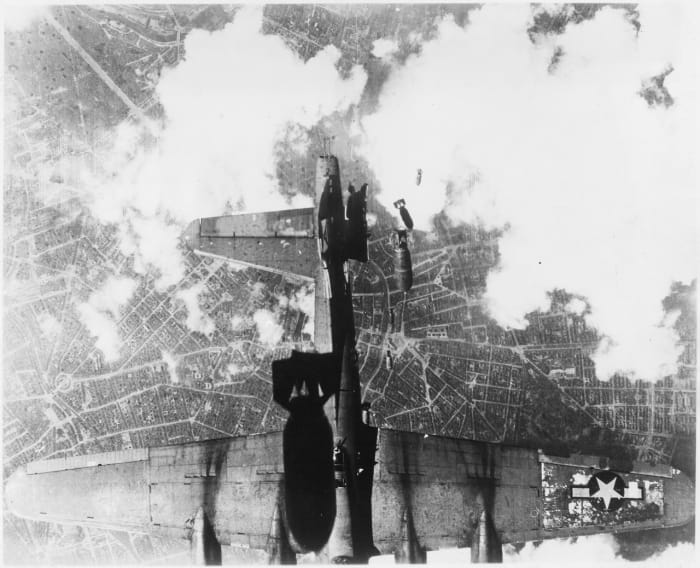 United States Army Air Force B-17 damaged by mistimed bomb release over Berlin, 19 May 1944.