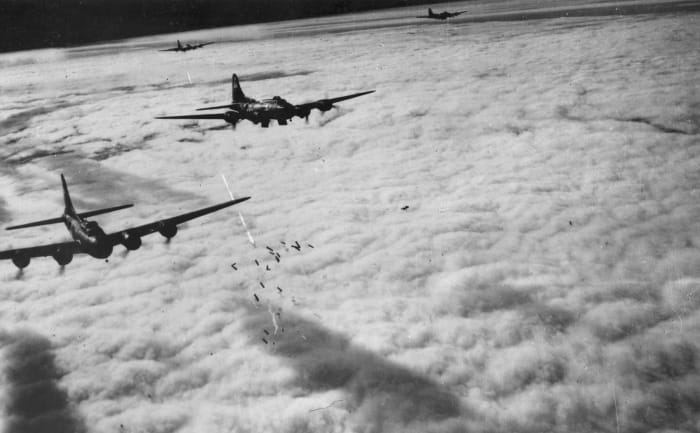 Boeing B-17Fs radar bombing through the clouds: Bremen Germany, on the 13th of November 1943.