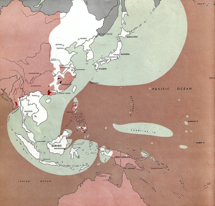 What was left of Japan's Empire the 1st of August 1945, they still controlled Southeast Asia , Korea, Manchuria, and all the major cities along the eastern coast of China.