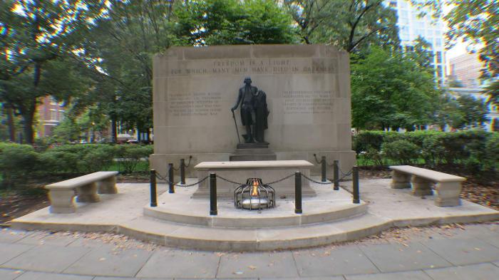 Statute of George Washington and an Eternal Flame Mark Mass Grave of some 2,000 Unknown Revolutionary War Soldiers
