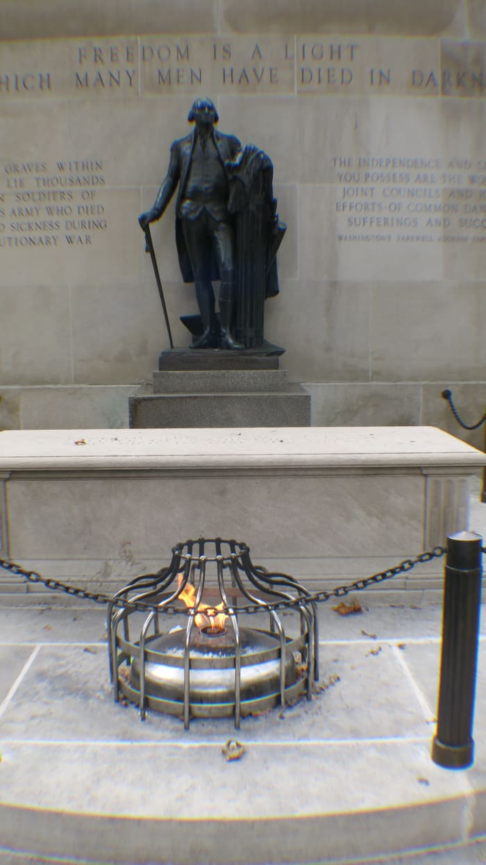 George Washington & Eternal Flame at Revolutionary War Unknown Soldier Monument in Philadelphia