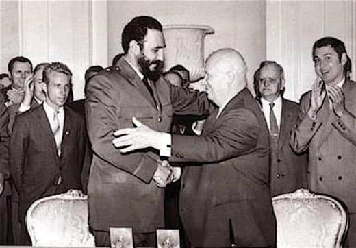 Nikita Khrushchev greets his fellow communist leader, Cuba's Fidel Castro in 1963 during Castro's visit to Moscow.
