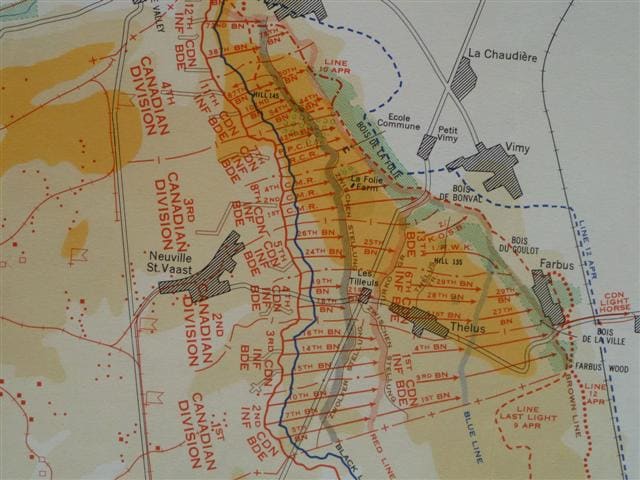 A photograph of a map recreated by the Canadian Army Survey Establishment showing the Canadian Corps' position at Vimy