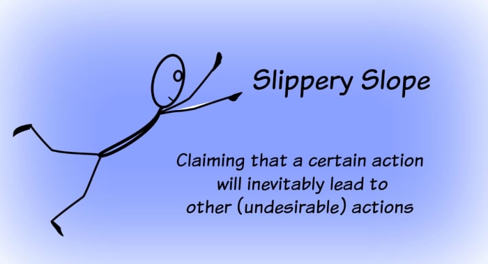 The slippery slope argument takes Action A to an absurd conclusion (Action B), and claims if Action A happens, then Action B will surely follow.