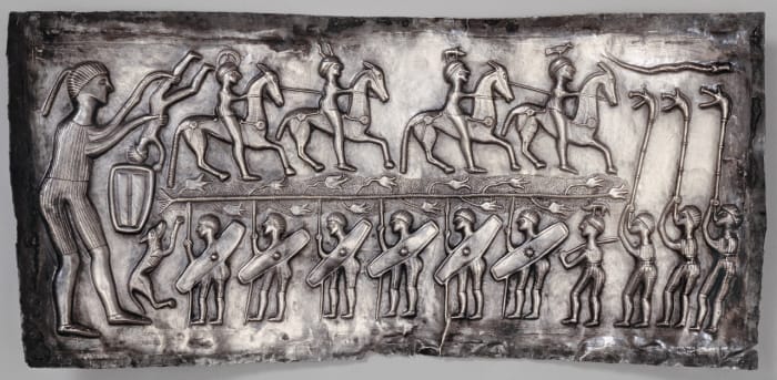 Panel from the Gundestrup Cauldron (found in proximity to the Cimbri homeland), featuring a sacrificial or initiation scene.