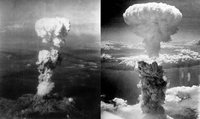 Mushroom clouds from the only atomic bombs ever used in warfare. The bombs were dropped on the japanese cities of Hiroshima (left) and Nagasaki (right).