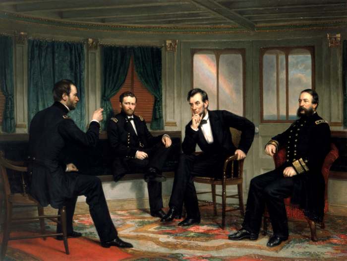 This is a copy of the lost White House 1868 painting. From left to right: Sherman, Grant, Lincoln, and Porter aboard the River Queen on March 27th and 28th, 1865.