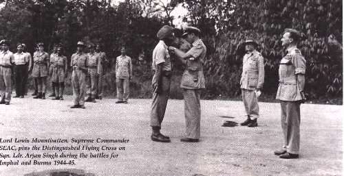 Lord Mountbatten awards a distinguished metal to a hero of the battle, Arjan Singh ( who'd later become the India's Air Chief Marshall in the 1960s). Originally posted at www.sikh-history.com