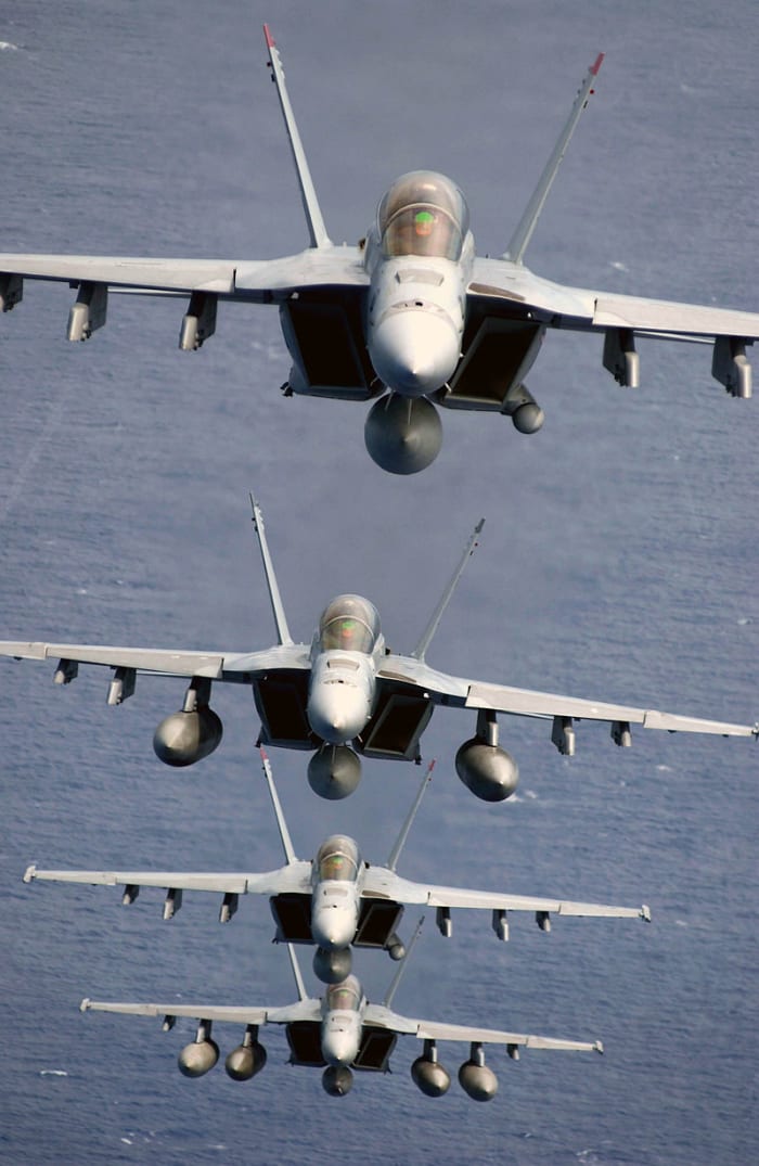Four Super Hornets. Note the jet intakes. Rectangular and larger than the legacy Hornet. The surest way to tell the difference between the two.