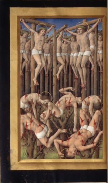 Illustrating a medieval legend of ten thousand Christian soldiers crucified during the Diocletian persecution
