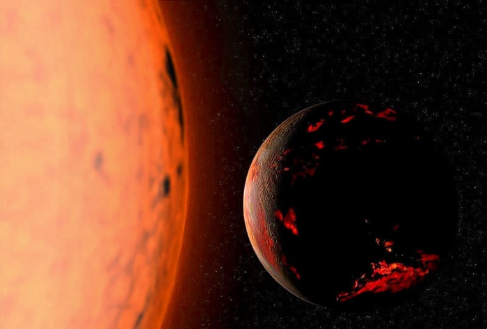 Artist's impression of the Earth scorched by our Sun as it enters its red giant phase.