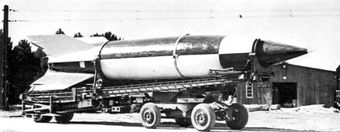 The V-2 on a portable launch vehicle the Meillewagen it gave the V-2 the mobility to survive on that battlefield.