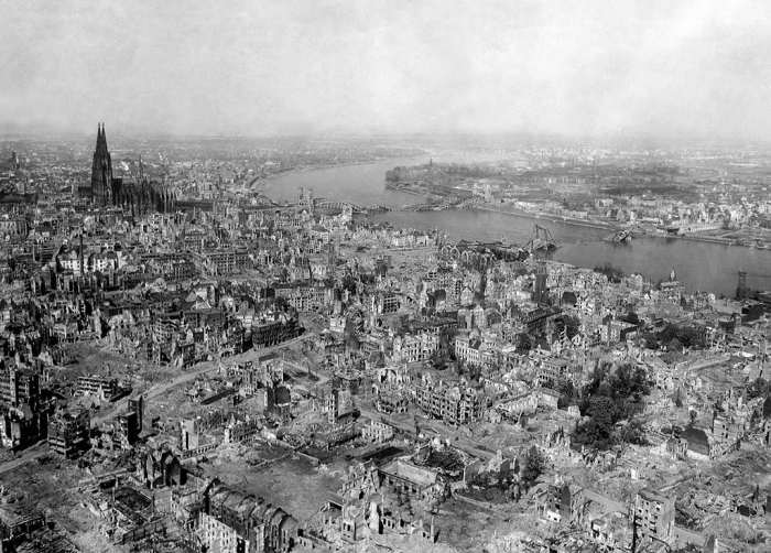 Cologne Germany 1945 all of Germany's largest cities were laid to waste by the brute force of the American and British bombers. Vast legions of Allied bombers roamed the skies over Germany night and day until the Fatherland was totally destroyed.