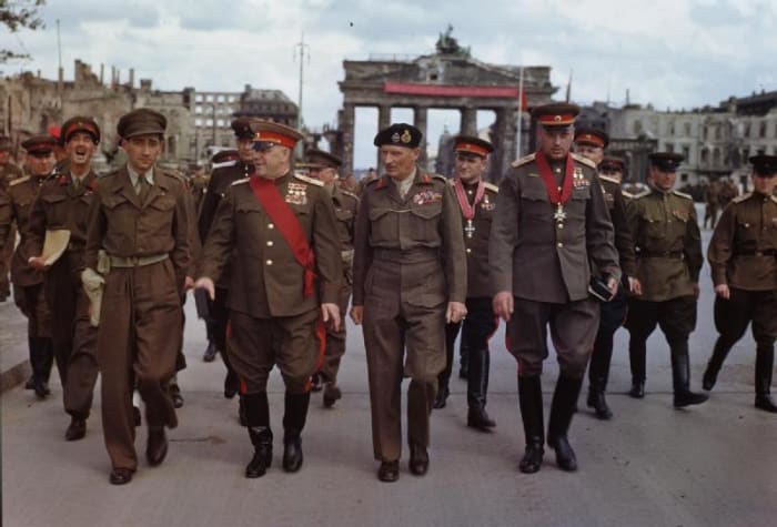 The Allies in Berlin summer of 1945. British Field Marshal Montgomery the hero of El Alamein August 1942 in the center, and on his left Soviet Marshal Zhukov hero of The Battle for Moscow December 1942.