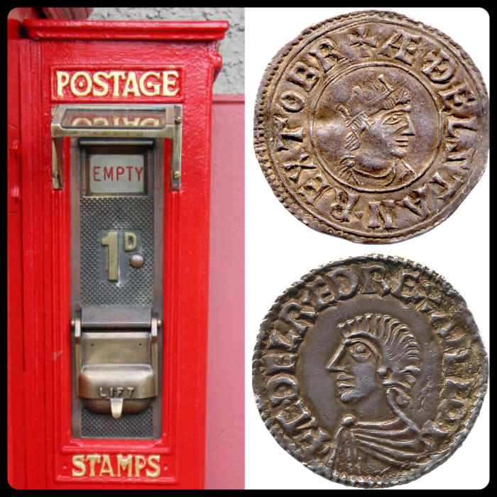 A penny stamp machine and two Anglo-Saxon pennies