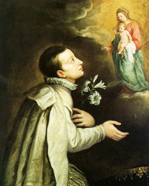 Aloysius had great devotion to the Virgin Mary. This painting is by the 17th century artist, Carlo Francesco Nuvolone. The lily of purity is one of Aloysius' symbols.