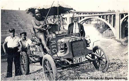 This is a photograph of Willis Ray (Willie) Willey in the 1904 Reo that he drove to the World's Fair in Chicago in 1933, encountering police all along the way and arrested many times.