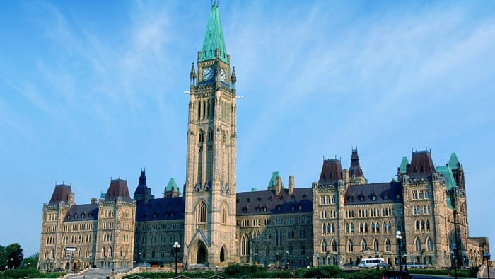 The Centre Block of Canada's Parliament is dominated by the Peace Tower. Incidentally, the capital of Canada was located far from the American border to discourage invasion.