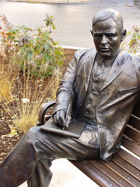 Bronze statue of Max Ehrmann at Terre Haute, Indiana 'Desiderata' is engraved on a plaque next to the statue and words from the poem are embedded in the walkway