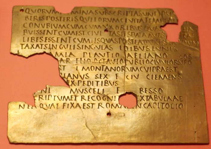 A military diploma, or certificate of successful military service, granting citizenship to a retiring soldier and the dependents he had with him at the time. The key phrase is "est civitas eis data" where civitas means citizenship. cc:MatthiasKabe
