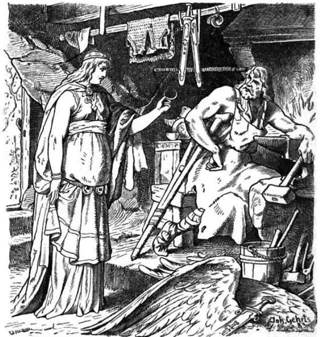 Badhild in Wayland's Smith (Johannes Gehrts 1901) -- notice Wayland's crutches from being hobbled.