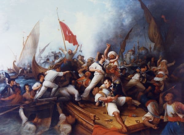 An oil painting of Lt. Stephen Decatur boarding a Tripolitan gunboat during the bombardment of Tripoli, Aug. 3, 1804.