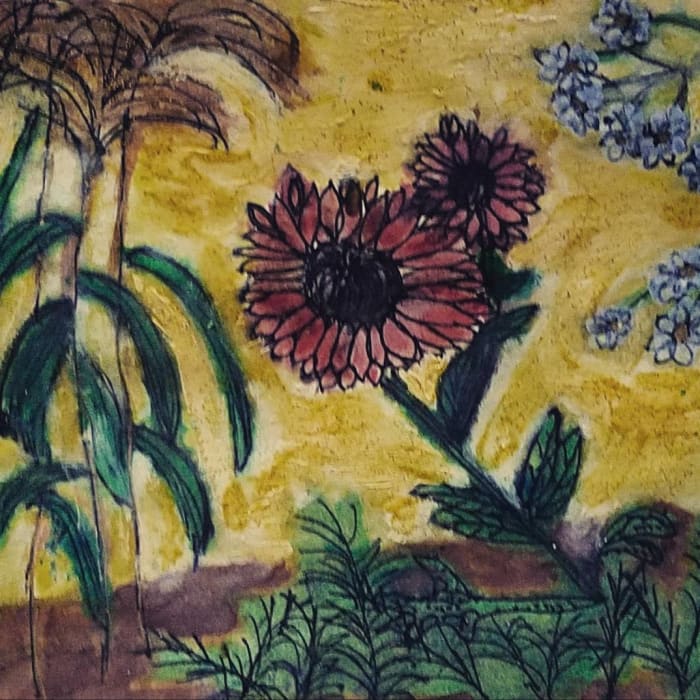 Drew a section of garden in front of our co-housing community's common house with pen in late summer, then decided to paint it in.