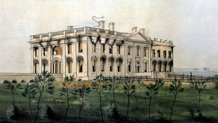 "The President's House". Cira 1814-1815. by George Munger. The painting shows the burnt out shell of the President's House after it was nearly burn't down by the British.