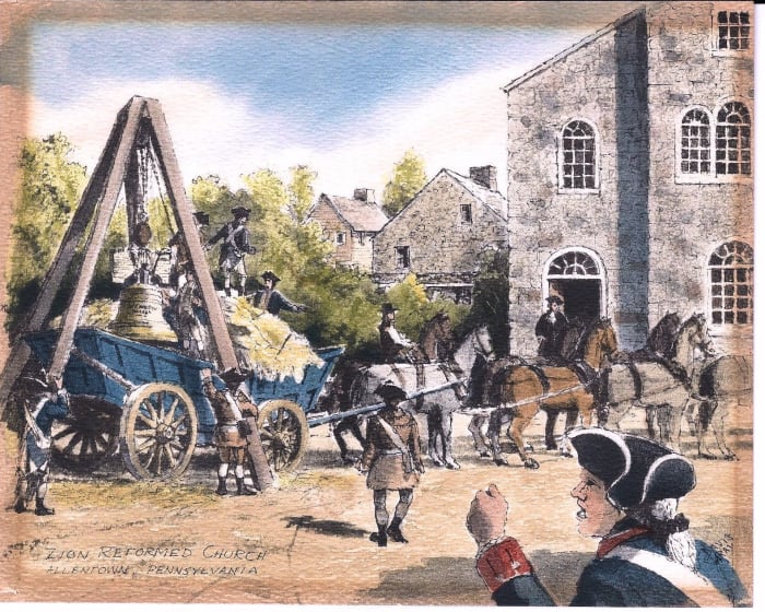 Reproduction of a watercolor by Davis Gray of the arrival of the Liberty Bell at Zions Church, in Northampton Towne, (later Allentown) Pennsylvania on 24 September 1777. (Holdings of the Lehigh County Historical Society)