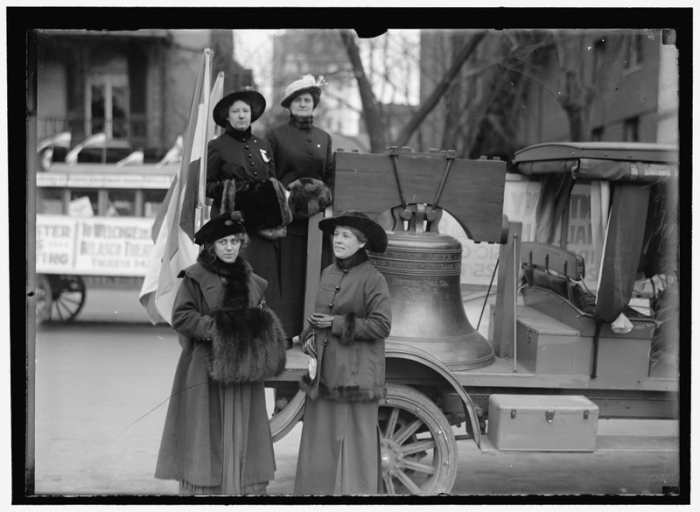Taken in 1916, this photo shows the replica Liberty Bell created for Woman Suffrage. The photo is courtesy of the Library of Congress.