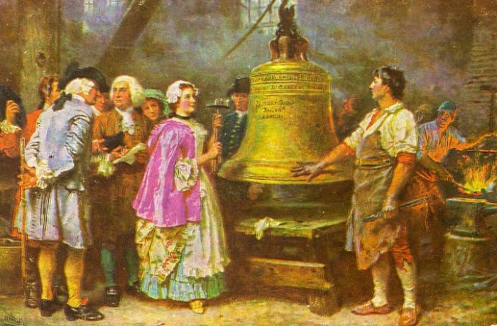 A colorized reproduction of the historical painting "The Bell's First Note" by Jean Leon Gerome Ferris. The original was believed to be created on September 30, 1913.