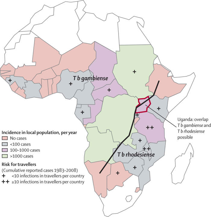 Spatial distribution of East African (T. b. rhodesiense) and West African (T. b. gambiense) sleeping sickness
