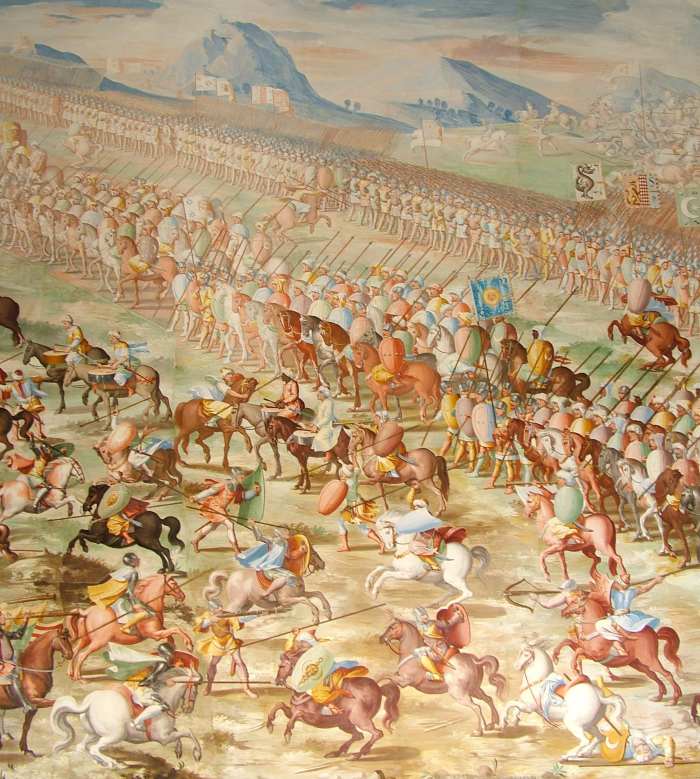 Battle of La Higueruela, 1431. Note the differences in tail carriage of the various horses in the painting. The Arabian's high-carried tail is a distinctive trait.