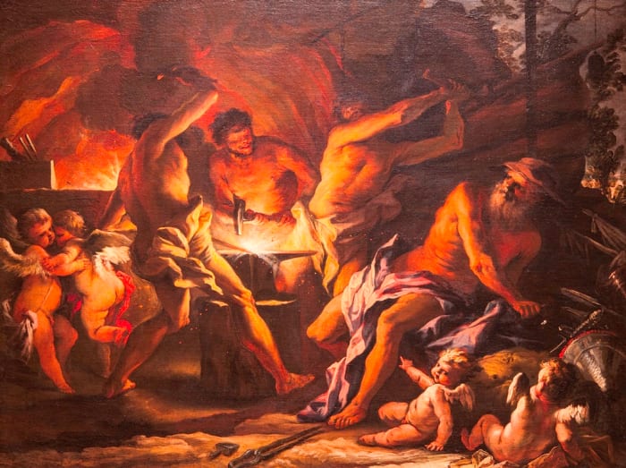 The Roman God of Fire, Vulcan, makes for a near-perfect symbol for a volcano. In this painting by Alessandro Gherardini Vulcan with the aid of Cyclopidae is making a shield for the son of Venus.