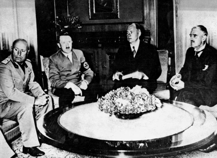 Participants at the Munich Conference of France, Britain, Germany, and Italy: Czechoslovakia was effectively thrown to the wolves.