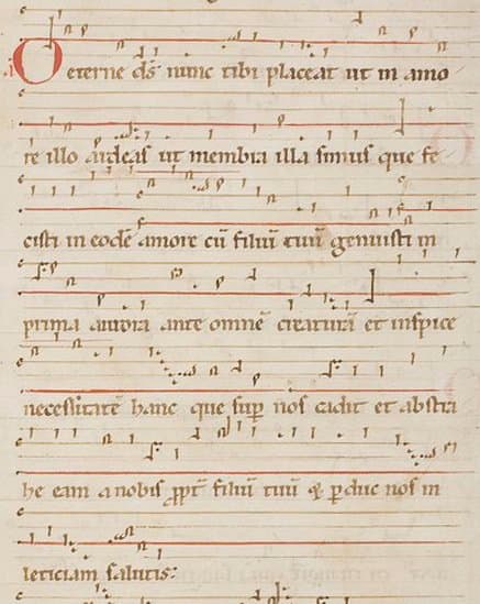 This illuminated manuscript shows one of Hildegard's antiphons, O Aeterne Deus.