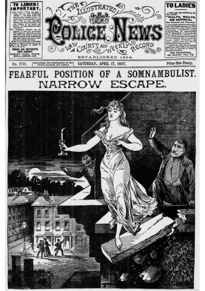 Clara Dalrymple courts death although why she needs a lighted candle with her eyes closed remains unexplained by the illustrator.