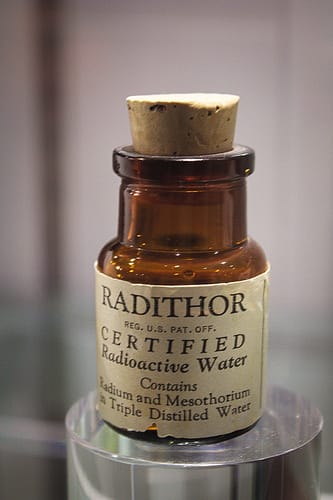Radithor was a patent medicine that used advertising tag-lines such as “Perpetual Sunshine in a Bottle” and said right on the label that it contained “Radioactive Water.”
