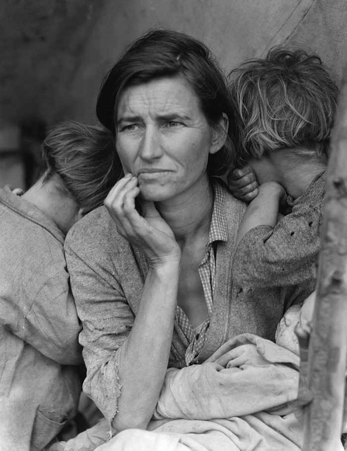 Dorothea Lange's Depression era iconic photo "Migrant Mother" depicts destitute pea pickers in California, centering on Florence Owens Thompson, age 32, a mother of seven children, in Nipomo, California, March 1936.