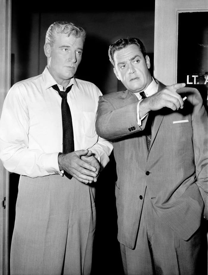 Paul Drake, (William Hopper), private investigator with Perry Mason, (Raymond Burr) in 1959.